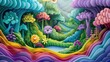 3D papercuts of surrealist cartoons depicting vibrant spring landscapes with swirling vortexes and minimalist elements