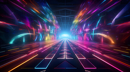 Wall Mural - 3d illustration of a futuristic corridor with glowing lights and reflections.