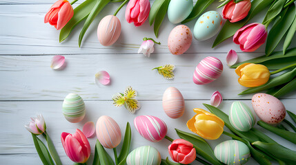 Wall Mural - Happy Easter holiday background, easter egg, bunny, tulip, Easter border frame banner decoration