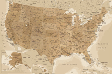 Wall Mural - United States - Highly Detailed Vector Map of the USA. Ideally for the Print Posters. Blue Golden Beige Retro Style