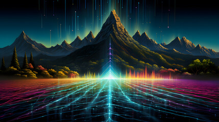 Wall Mural - Fantasy landscape with mountains, river and neon lights