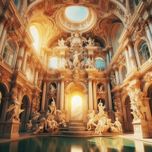 Sunlit Palace Hall With A Central Pool, Surrounded By Statues Reflecting A Grand And Luxurious Ambiance.