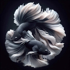 Wall Mural - Two black and white betta fish movement beautiful, Siamese fighting fish on black background. Generative ai