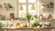 Rustic kitchen interior with fresh bread, eggs, and white tulips on wooden table. Home cooking and springtime concept for design and print.
