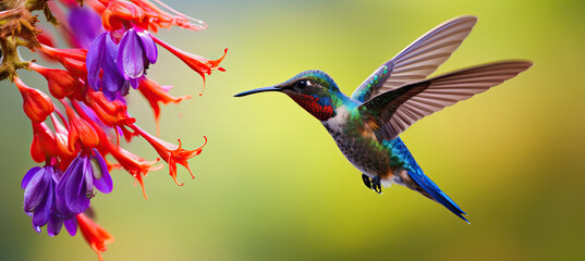 Wall Mural - Blue hummingbird Violet Sabrewing flying next to beautiful red flower. blurry background 