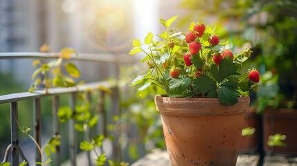 Wall Mural - red and ripe strawberries growing in a clay pot on a sunny balcony mini garden