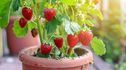 Wall Mural - red and ripe strawberries growing in a clay pot on a sunny balcony mini garden