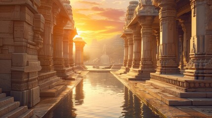 Wall Mural - Ancient Hindu temple at sunrise, reflecting the vibrant and enduring spirit of Hinduism