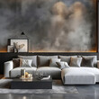 Diseño de sala de estar con sillón con tonalidades blancas, grises y negras. Generative AI.