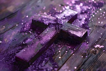 An artistic ash banner featuring a cross adorned with purple glitter, symbolizing penitence and the start of Lent