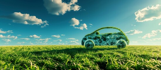 Canvas Print - Vibrant green car parked in the middle of a lush field on a sunny day