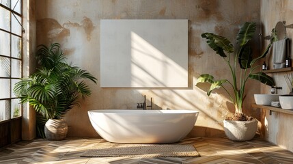 Wall Mural - MINIMALISTIC MOCKUP OF white canvas sized at an aspect ration of 3:2 landscape orientation, in BRIGHTLY LIT SCENE, SOFT SHADOWS, LIGHT NEUTRAL and warm TONES, modern elegent bathroom with feminie aest