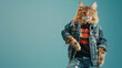Rocker cat with t-shirt and jeans jacket