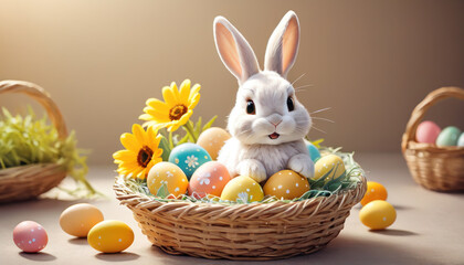 Sticker - Easter scene with rabbit and colorful eggs. Small rabbit in yellow flower pot. Depicting rabbit in festive spring scene.