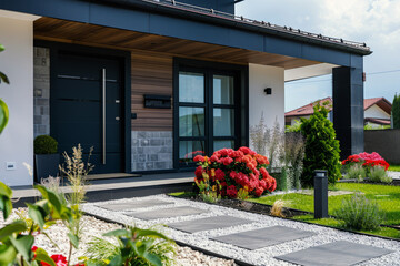 Wall Mural - Main entry in family house. Modern exterior of house with door and plants in front yard. Front view of doorway in residential building