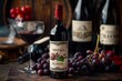 Product photography of a bottle of fine wine with grapes and a wine glass, labeled with 