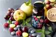 Product photography of a bottle of vitamins and supplements with fruits, labeled with 