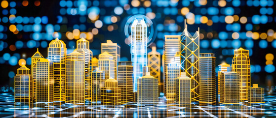 Wall Mural - Urban digital mesh: The citys architecture intertwines with the invisible networks of technology, creating a vibrant landscape of connectivity and innovation