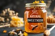 Product photography of a jar of organic honey with honeycomb and bees, labeled with 
