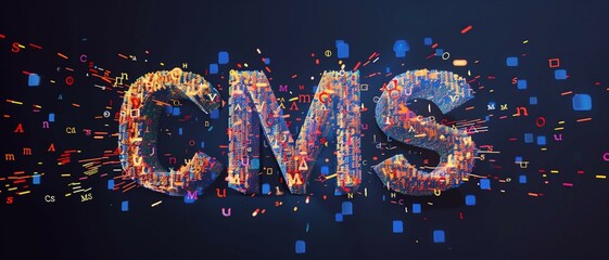 Binary code streams shaping the letters CMS,  , representing the concept of Content Management System.