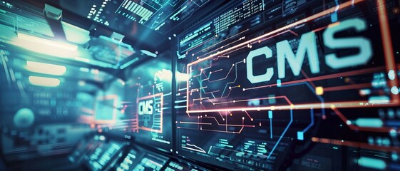 Binary code streams shaping the letters CMS,  , representing the concept of Content Management System.