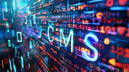 Binary code streams shaping the letters CMS,  , representing the concept of Content Management System.