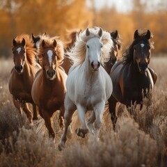 Naklejka na meble A group of wild horses galloping across an open field, their flowing manes and tails creating a sense of freedom and untamed beauty 