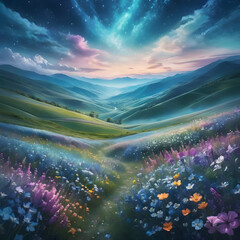 Wall Mural - landscape Wide valley with a field of flowers, background 