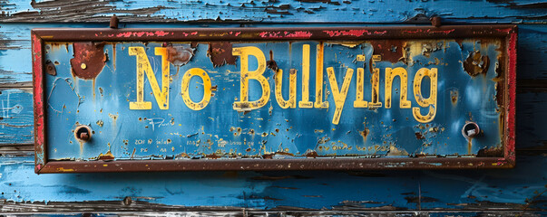 Weathered No Bullying sign affixed to a rustic wooden background, advocating for a positive, harassment free environment and promoting awareness