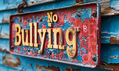 Weathered No Bullying sign affixed to a rustic wooden background, advocating for a positive, harassment free environment and promoting awareness