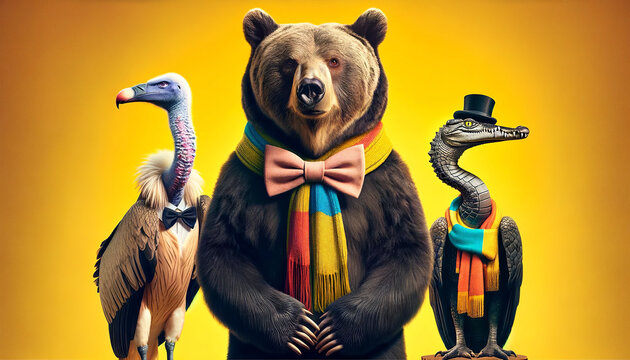 Illustration of anthropomorphized animals, featuring a bear with a bowtie, a vulture with glasses, and an alligator in a top hat on a yellow background.Animals portraits concept.AI generated.