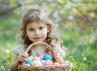 Little girl holding a basket with colorful eggs celebrating Easter outside in a green park. Kids celebrate spring holiday. Cute Christian holidays with child, banner with copy space, sunny