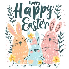 Happy Easter banner. Trendy Easter design with typography, cute painted strokes, eggs and bunny in pastel colors. Modern minimal style horizontal poster, greeting card, header for website