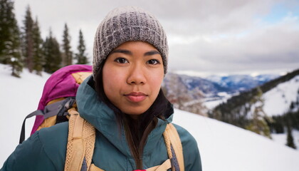 serious hiker in snowy landscape