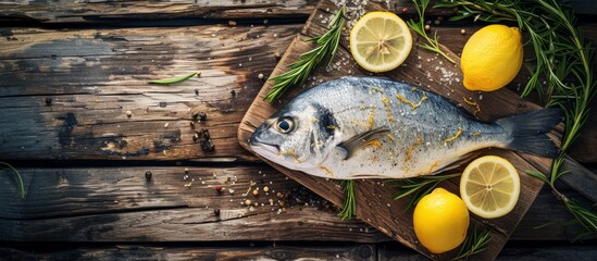 Poster - A fish is placed on a wooden cutting board with slices of Rangpur, Meyer lemon, and lime, making it a delicious ingredient for a citrusinfused recipe