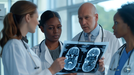 Wall Mural - group of medical professionals, two women and a man, in a clinical setting examining and discussing an X-ray film.