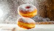 A close-up, macro shot of a freshly baked, delicious brown and white cookie, sweetly dusted with sugar and featuring a tantalizing texture, flying donuts with sugar powder on the table; creative food 