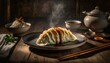 a traditional Asian festival snack, with a steaming, plump dumpling resting on a rustic wooden table. The dumpling's aroma fills the air, tempting taste buds with its savory delights.