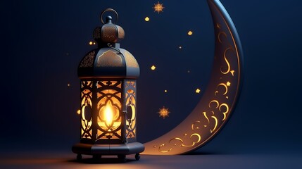 Sticker - Lantern on the table. Ramadan Kareem greeting card. 3D rendering