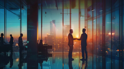 Sticker - Two professionals engage in a handshake in a modern office with a panoramic view of the city at sunset.