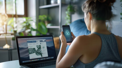 Canvas Print - A person's hand is interacting with a smartphone displaying a cybersecurity lock graphic, with a laptop screen visible in the background.