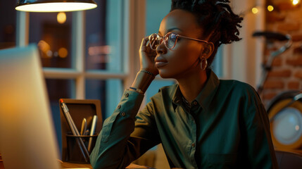 Wall Mural - young woman at a desk, appearing stressed and holding her head in her hands while looking at her laptop screen, possibly indicating frustration or exhaustion.