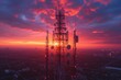 © Nikolay - Radio tower silhouetted against a vibrant sunset sky, with city lights below. Urban Communication Tower at Sunset