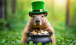 St. Patrick's Day Capybara in leprechaun hat, holding in her paws cauldron of gold coins, sits on green clover leaves, shamrock leaves, magic forest blurred background, banner copy space