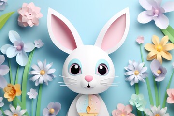 Wall Mural - cute easter bunny colorful floral paper art