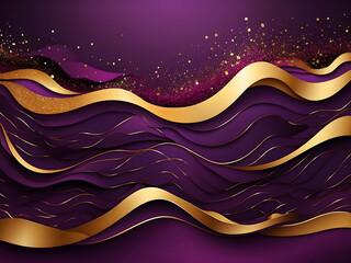Wall Mural - Dark violet wavy abstract background design with golden particles. Geometric retro vector design