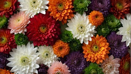  This magnificent handcrafted floral wall background is ideal for a wedding, including gorgeous chrysanthemum blooms in shades of red, orange, pink, purple, green, and white
