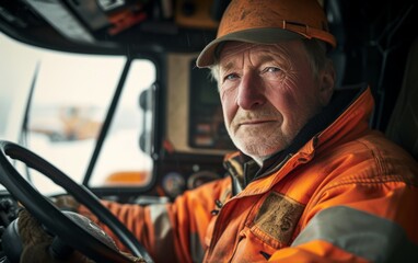 A multiracial man wearing an orange jacket is seen driving a truck in this photo. The man appears focused and engaged as he operates the vehicle.