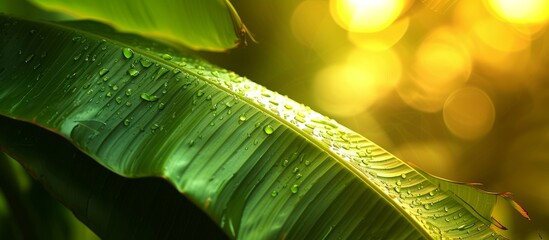 Wall Mural - Fresh banana leaf covered with sparkling water droplets in the sunlight