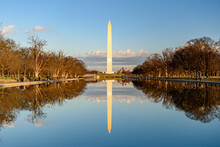The Washington Monument Reflected In The Lincoln Memorial Reflecting Pool In Washington D.C.